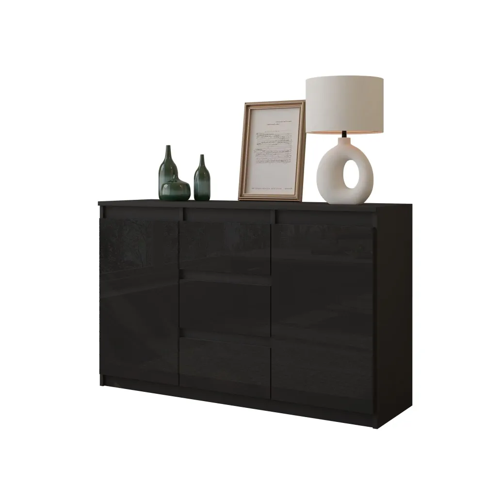 MIKEL - Kommode / Sideboard mit 3 Schubladen und 2 Türen - Anthrazit Grau / Schwarz Gloss H75cm B120cm T35cm